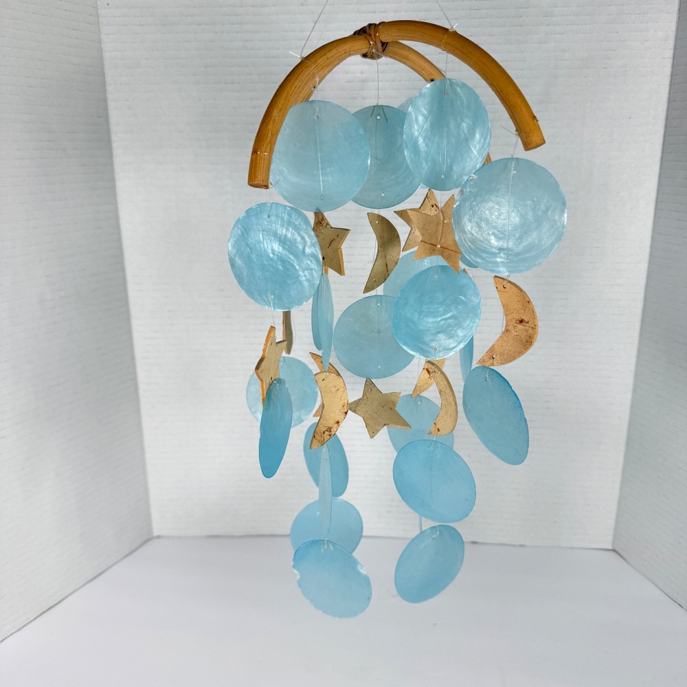 Wind Chime Blue Celestial Capiz Shell with moon and stars bamboo